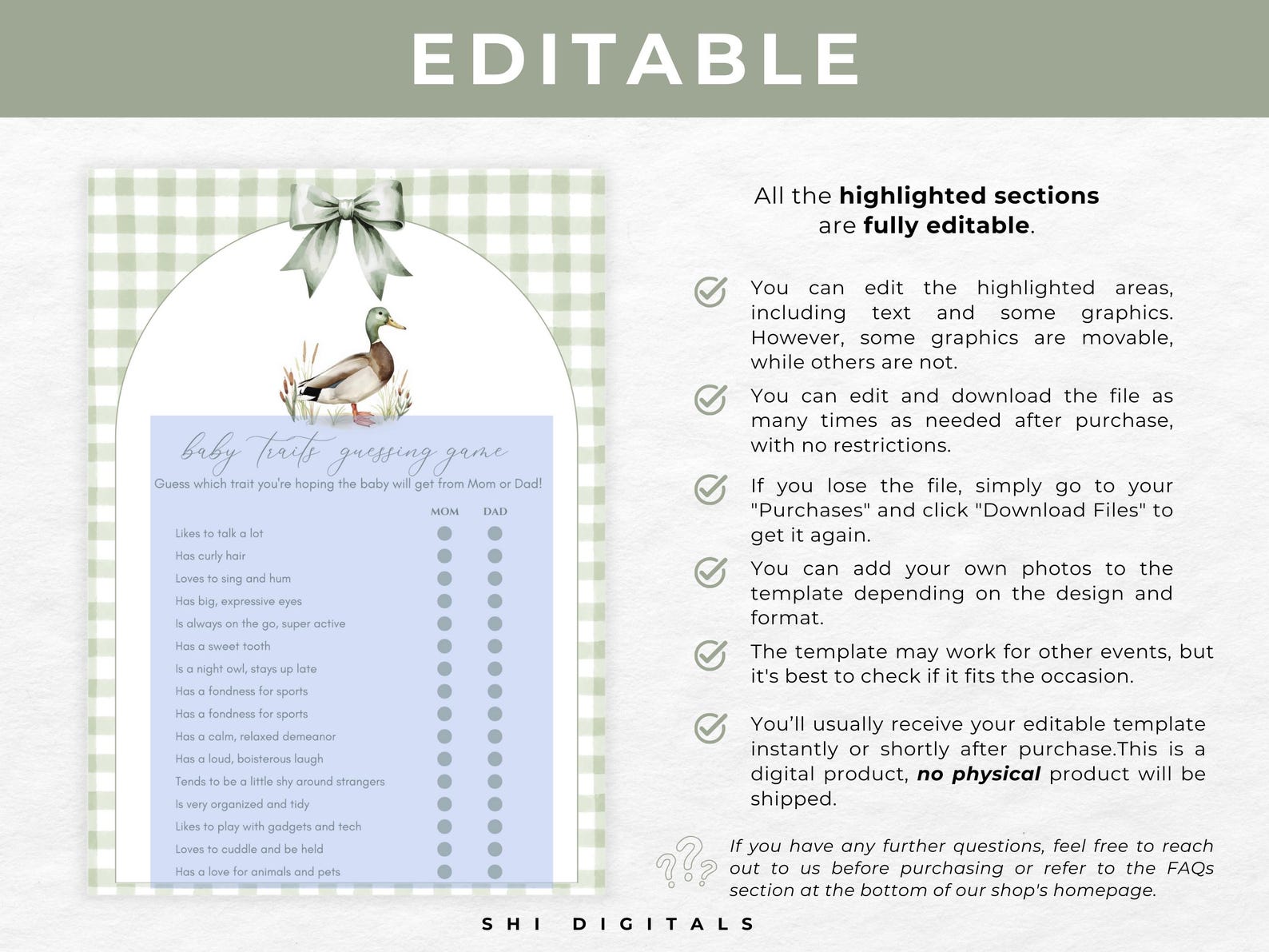 75+ Editable Mallard Duck Baby Shower Games Bundle Green Gingham Duck ...
