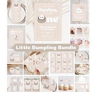 Editable Little Dumpling 1st Birthday Party Bundle Invitations Games Signs Digital Download Editable in Canva LD01 A Little Bao Party