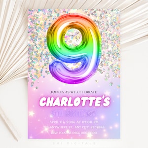 Modèle d'invitation lueur 9e anniversaire, invitation de fête d'anniversaire scintillante