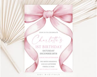 Pink Bow First Birthday Invitation Editable Coquette Party Invite