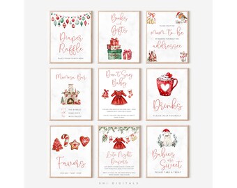 Pode incluir: Nove impressões em aquarela emolduradas com tema natalino. As impressões apresentam textos festivos como "Diaper Raffle", "Books and Gifts" e "Drinks". Cada impressão tem uma ilustração em aquarela de decorações de Natal.