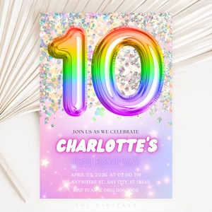leuchtenden 10. Geburtstag Einladung Vorlage Glitzer Geburtstag Party Einladung Regenbogen Folie zehnter Geburtstag Mädchen 10 Jahre alt Krawatte
