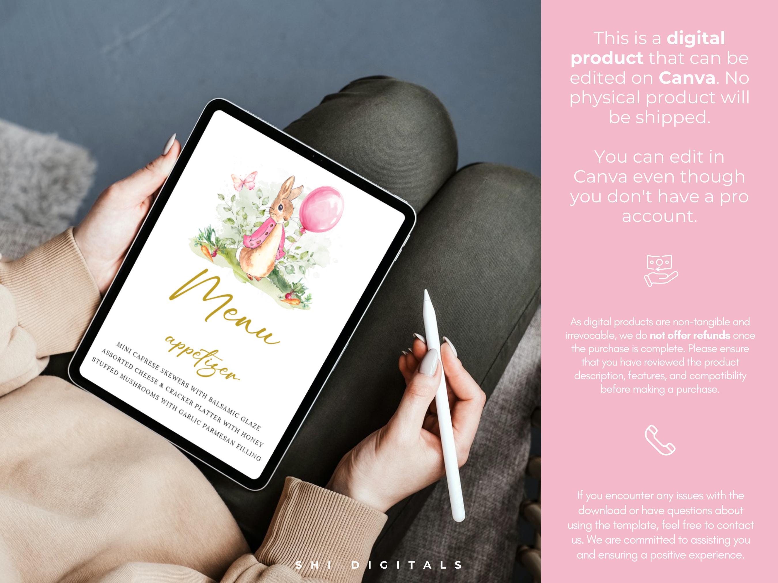 Peter Rabbit Menu Card Printable Pink Little Bunny Menu Card Editable ...