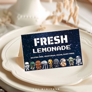 Plantilla editable de etiquetas de comida de Star Wars para cumpleaños, tarjetas de comida personalizadas de Star Wars, etiquetas de comida imprimibles, plantilla de etiquetas de comida de Star Wars