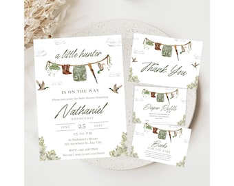 May include: Baby shower invitation set with a hunting theme. The invitation reads "a little hunter is on the way" and includes details for the event. Additional cards say "Thank You", "Diaper Raffle", and "Books for the Baby".