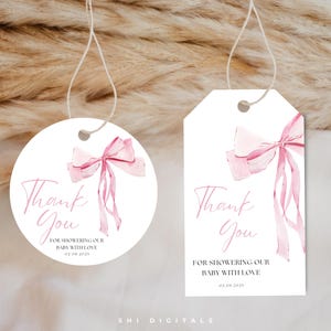 pink bow thank you tag editable favor tag printable baby shower pink bow round favor tags minimal baby shower pink ribbon bow gift tags
