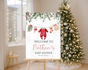 Santa Baby Baby Shower Welcome Sign SB02 Winter Christmas Holiday Baby Shower Sign  Editable Merry Little Baby Shower Clothesline Sign