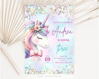 Unicorn Birthday Invitation Template Editable Party Invite