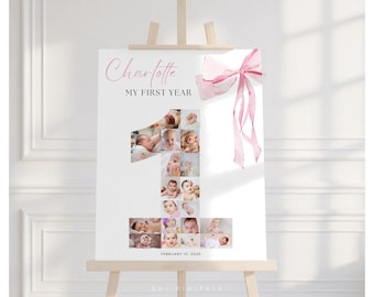 pink bow 1st birthday photo collage milestone decor printable my first year pink bow first birthday sign editable my first year collage PB01