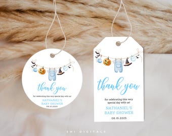 Editable Blue A Little Boo Baby Shower Thank You Tags Template Pumpkin, Ghost Theme LB01 A Little Boo is Almost Due Gift Tags Boo Favor Tags
