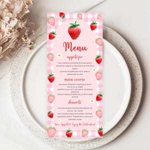 Berry First-menukaartsjabloon bewerkbare Strawberry Party-menukaart Digitale download BF01 Afdrukbare roze pastel-menukaart