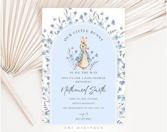 blue peter rabbit invitation blue arch peter rabbit invitation classic peter rabbit baby shower invite a little bunny is on the way PR01