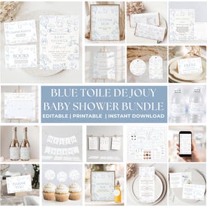 blue toile de jouy baby shower party favors bundle printable toile de jouy invitation editable baby shower games bundle baby shower bundles