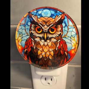 owl nightlight, owl gifts, owl decor, owl home decor, owl light, whimsical owl, colorful owl nightlight, round owl night light,