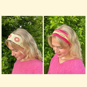 May include: Two headbands, each with a unique crochet design. One is cream-colored with peach-colored flower accents. The other is pink, yellow, and cream-colored with a striped pattern. Both are worn by a person with blonde hair.
