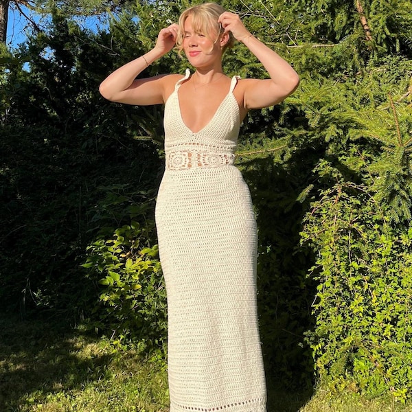 Crochet pattern long dress with open back