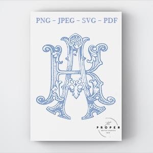 May include: A light blue monogram featuring the letters "KA" in an ornate, vintage style. The design is printed on a white background, with the file types "PNG - JPEG - SVG - PDF" listed at the top. The Proper Letter Company logo is at the bottom.