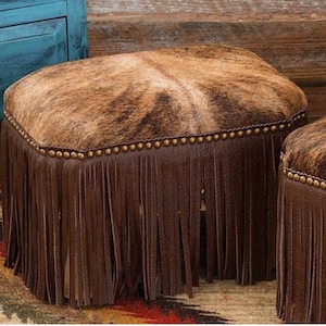 Cowboy Western Decor Padded Genuine  Cowhide Ottoman with Leather Fringe