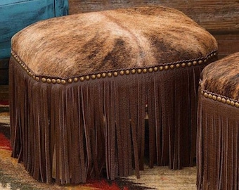 Cowhide Ottoman, Western Decor with Leather Fringe