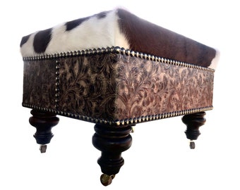 Embossed Leather & Cowhide Ottoman with Casters, Western Decor