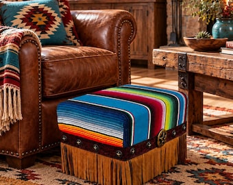 Handcrafted Serape Footstool Ottoman | Turquoise Mexican Blanket, Western Fringe Stool