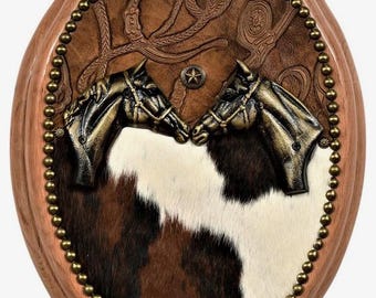 Western Cowhide Toilet Seat, Embossed Leather Cowboy Bathroom Decor, Rustic Ranch, Horse Head Oak