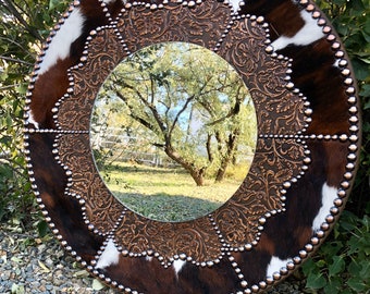 Tooled Leather & Cowhide Fancy Western Cowboy Ranch Decor 36" Round Wall Mirror