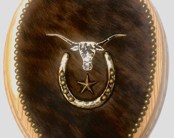 Western Brindle Cowhide Cowboy Decor Longhorn Horseshoe Star Solid Oak Toilet Seat