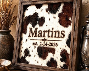 PERSONALIZED Cowboy Western Brand or name Wood and Cowhide Frame “20x20”  "Made to Order"