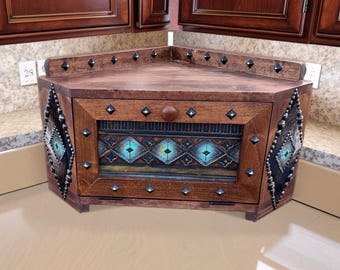 Western Cowboy Kichen Decor Cowhide and Leather Counter Corner solid wood Bread box Keeper