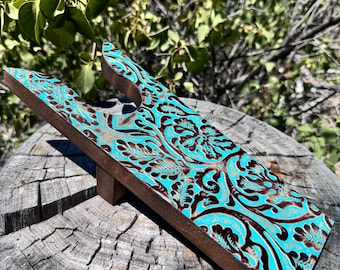 Floral Tooled Leather Boot Jack – Turquoise Western Decor