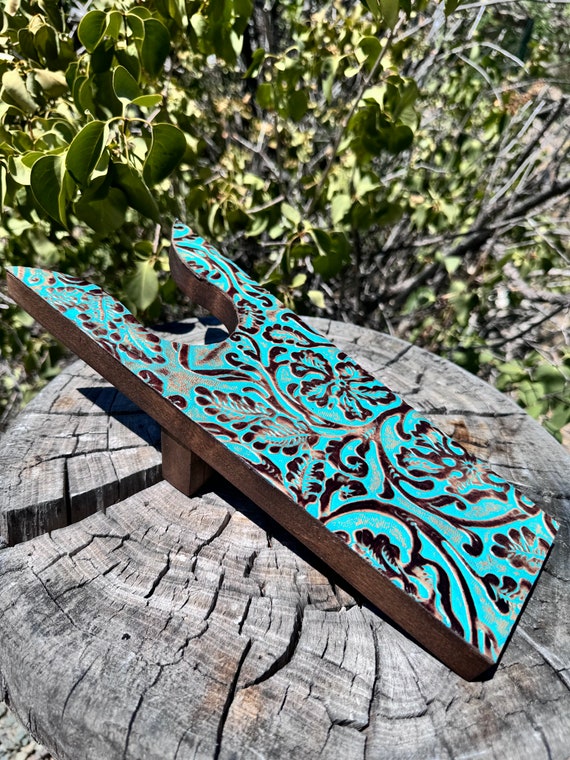 Cowboy Western Decor Floral Turquoise Tooled Leather Boot Jack