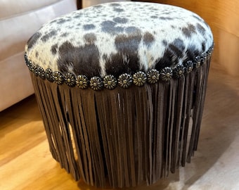 Cowhide Fringe Ottoman, 12" Round Western Foot Stool