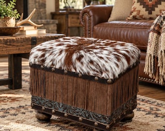 Handmade Cowhide Footstool Ottoman | Western Leather Fringe Accent Stool