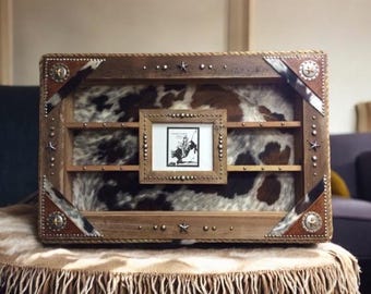 Barn Wood Trophy Buckle Display Case with Cowhide & Picture Frame
