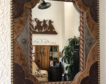 Tooled Leather Cowhide Western Mirror, Gilded Barn Wood Frame