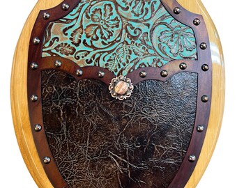 Western Embossed Leather Metal Frame & Concho Oak Toilet Seat Cowboy Home Decor