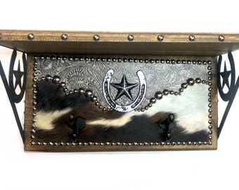 Cowboy Western Decor Cowhide & Embossed Leather Pine Wood Wall Shelf with Hooks 18”