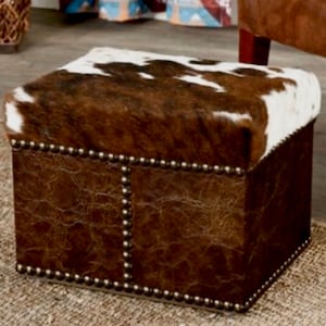 Cowboy Cowhide Distressed Leather Ottoman Western Decor Foot Rest Bedside Stool Couch Dog Step - Made To Order