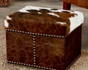 Small Cowhide Ottoman – Distressed Leather Cowboy Foot Rest, Western Decor