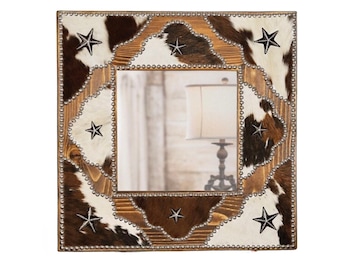 Western Decor Fancy Cast iron Stars & Scalloped Cowhide Wood 24″ Square Mirror