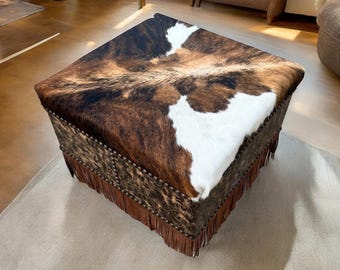 24” Square Western Decor Padded Genuine Cowhide Ottoman with Leather Fringe MADE TO ORDER