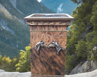 Cowhide Western Decor Trash Can or Hamper, Horseshoe Accents
