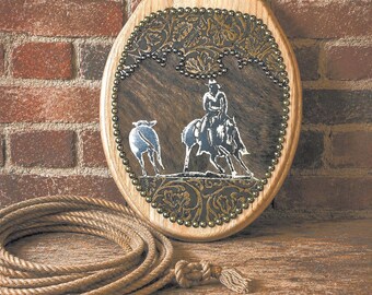 Brindle Cowhide Toilet Seat: Western Cowboy Cutting Horse Embossed Leather