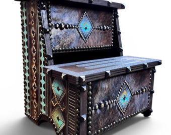 COWBOY Southwest Cowhide, leather & wood Step Stool