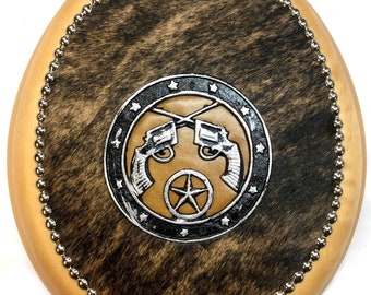 Unique Cowboy Western Decor Cowhide & Leather Crossed Pistols Oak Toilet Seat PICK SIZE