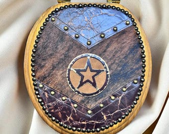 Western Brindle Cowhide Toilet Seat: Embossed Leather Star