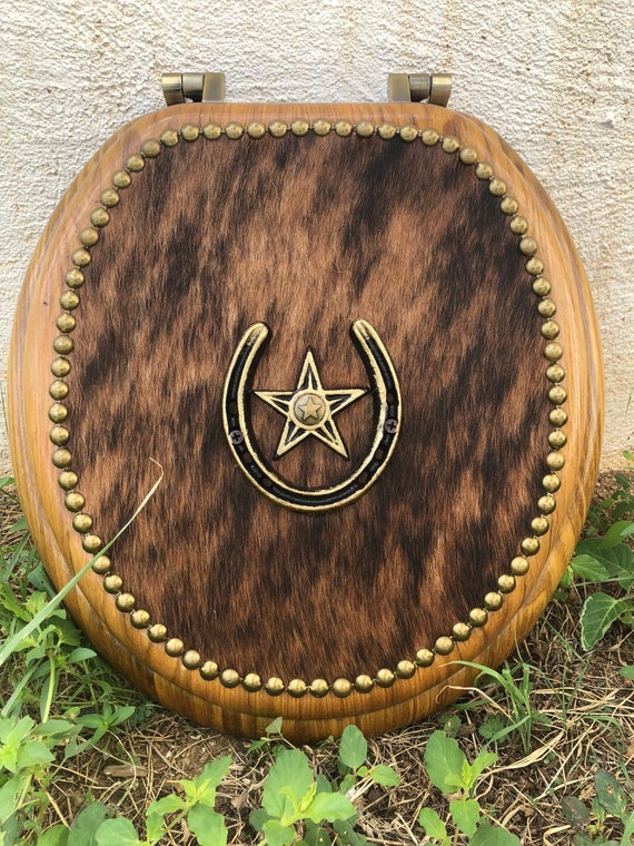 Western Cowhide Rodeo Horseshoe Star Oak Toilet Seat Standard Etsy