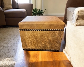 Small Cowhide Leather Ottoman – Western Decor Foot Rest, Cowboy Style