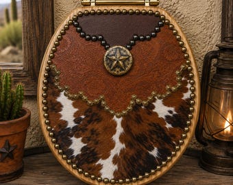 Handmade Western Cowhide Tooled Leather Toilet Seat – Solid Oak Ranch Décor